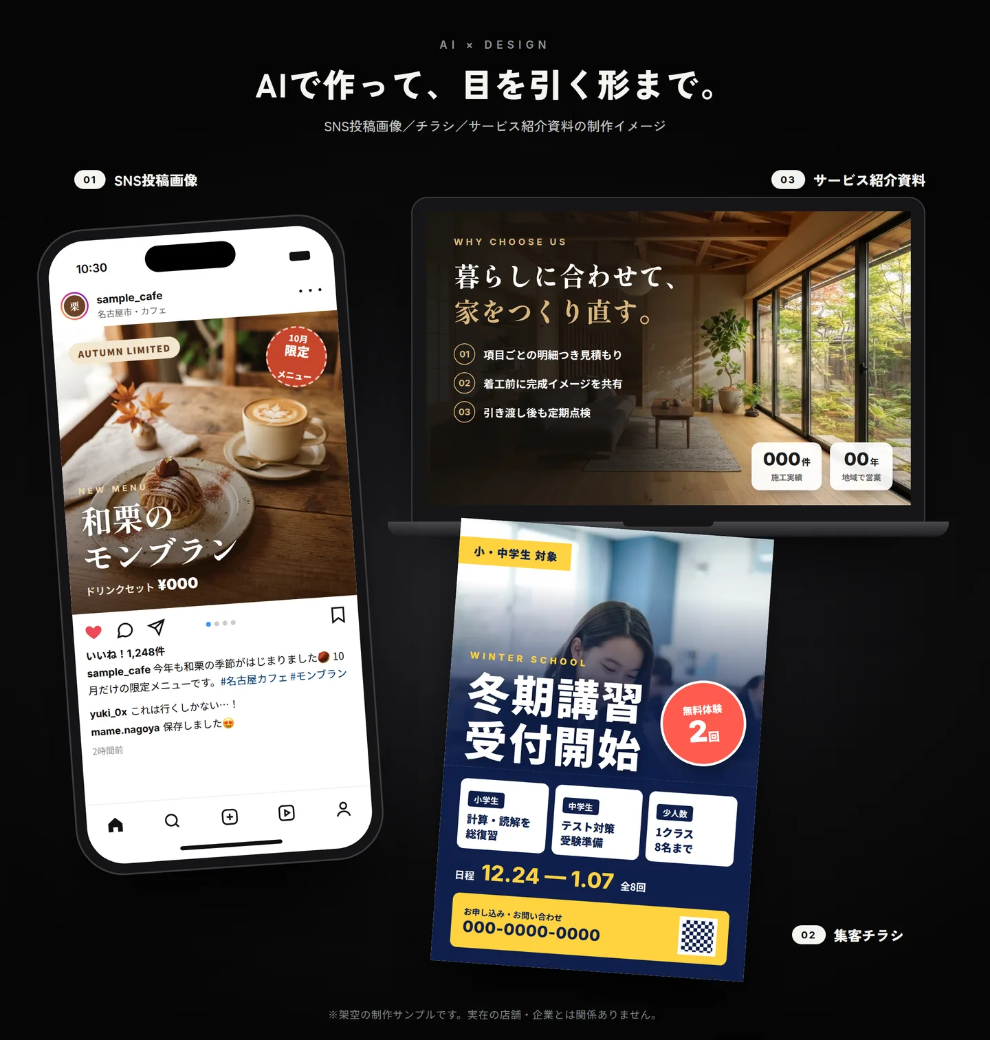 AI×デザイン制作のイメージ。カフェのInstagram投稿画像、学習塾の冬期講習チラシ、工務店のサービス紹介資料の3例